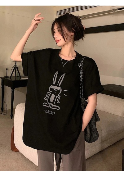 Flood Of Style Kadın Siyah Tavşan Baskılı Oversize T-shirt