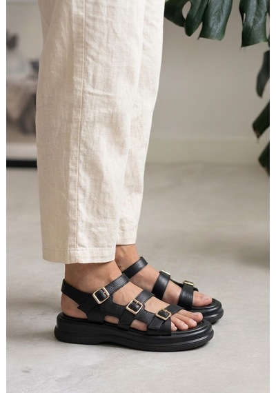 Giamgia Store Kadın Siyah Kalın Taban 3 Bantlı Tokalı Rahat Günlük Sandalet-2351