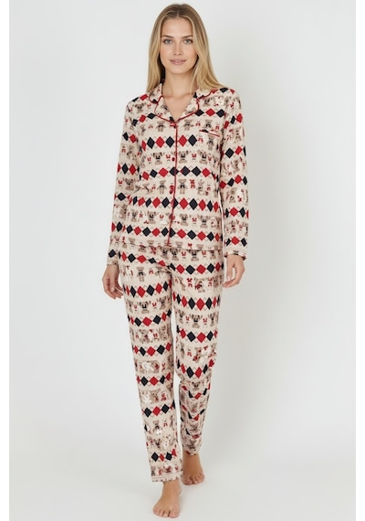 Luxury Soft Ekru Desenli Uzun Kollu Kadın Pijama Takımı 3028 Ekru