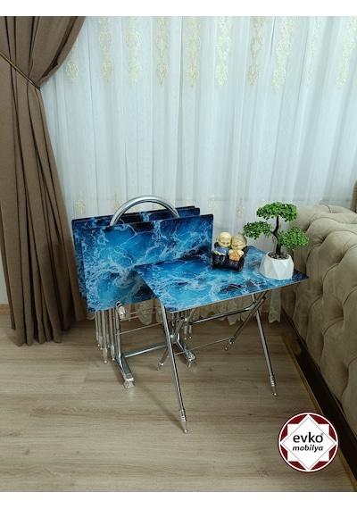 Evko Mobilya Çanta Zigon Sehpa, 4'lü Sehpa, Zigon Sehpa, Servis Sehpası, Camlı Sehpa, Katlanır Sehpa Okyanus Mavi