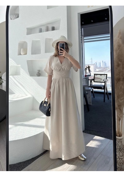 Defymoda Kısa Kollu Uzun Elbise - Kırık Beyaz Kırık Beyaz