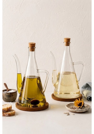 4 Parça Akasya Altlıklı Borosilikat Yağlık Sirkelik Seti 500 Ml Sızdırmaz Yağdanlık Seti Şeffaf