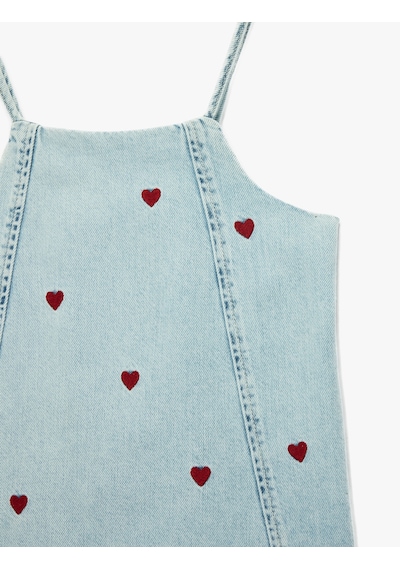 Koton Kare Yaka Kalp Desenli Askılı Denim Jile Elbise Lıght Indıgo 6smg80003ad Açık Mavi