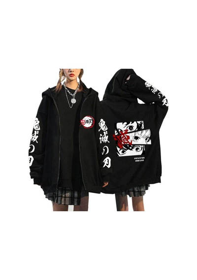 Tarzsokak Manga Baskılı Fermuarlı Sweatshirt Demon Slayer Mod.21 14548 Siyah