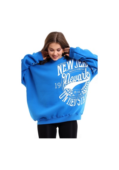 Winmoda34 Oversize Bisiklet Yaka 3 Iplik Şardonlu Kadın Sweatshirt New Jersey Mavi