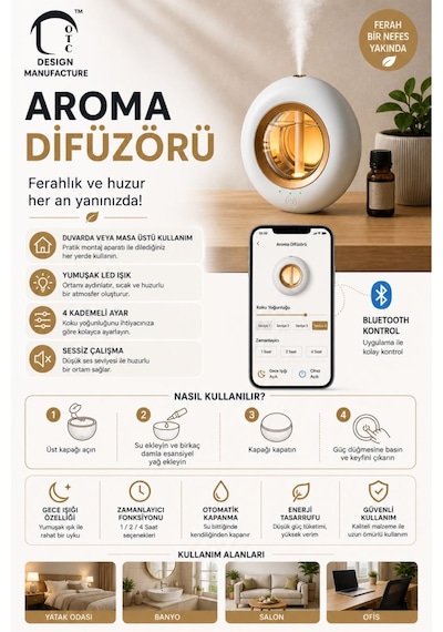 Ultrasonik Hava Nemlendirici Aroma Difüzör 120ml Usb Ve Pilli Çalışan Uygulama Kontrolü Zaman Ayarlı Krem