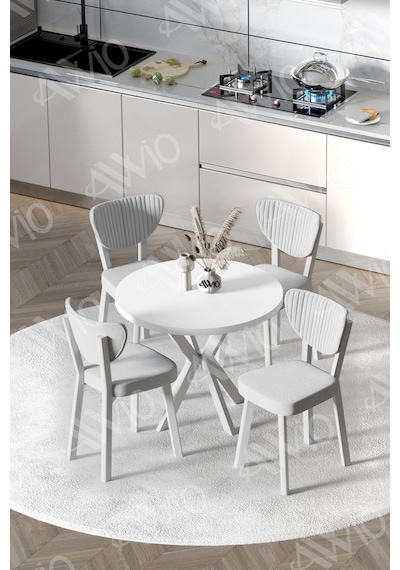 Avvio Arte Beyaz Elma Sandalye 90x90 Yuvarlak Yemek Masası Mutfak Masası 4 Kişilik Masa Sandalye Takımı Beyaz