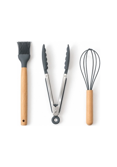 11 Parça Bambu Saplı Isıya Dayanıklı Silikon Mutfak Gereçleri Seti Kepçe Spatula Maşa Çırpıcı Gri
