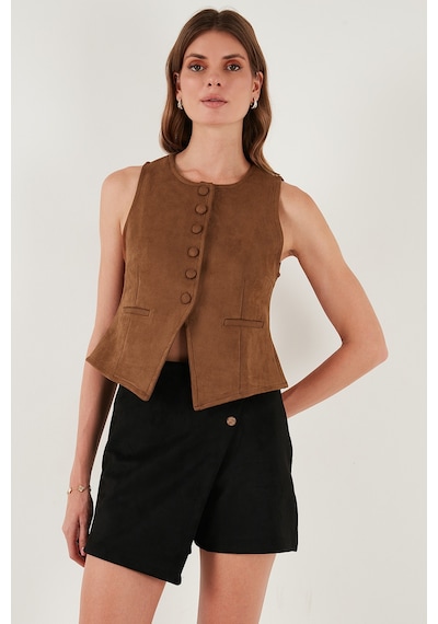 Lela Fitted Fit Bisiklet Yaka Düğmeli Yumuşak Dokulu Bayan Yelek 5866435 Taba