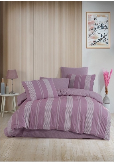 Italian Style Naturel Çift Kişilik Nevresim Takımı Krem - Açık Mor Açık Mor