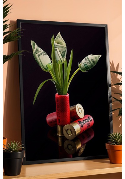 Av Fişeği İçinde Dolar Çiçekleri Çerçeveli Tablo Genç Odası Gaming Room Modern Ofis Modifiye Sanat
