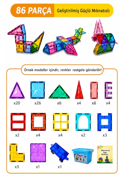 86 Parça Manyetik Yapı Blokları - Çocuklar Için Eğitici - Geliştirici Oyun Seti - 5 Yıl Garanti