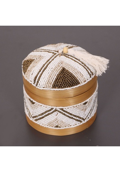 Bali Boncuklu Bambu Saklama Kutusu 12x14 Cm Beyaz