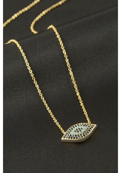 Oval - 341 - Nazar Zirkon Taşlı - Nazblsmm - Kolye Sarı Metal