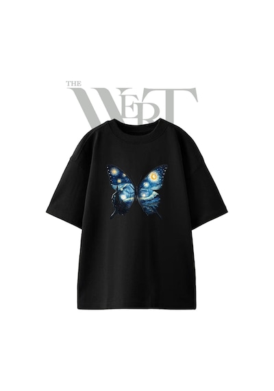 Thewert Starry Night Butterfly Tasarım Baskılı Ünisex Siyah Oversize T-shirt