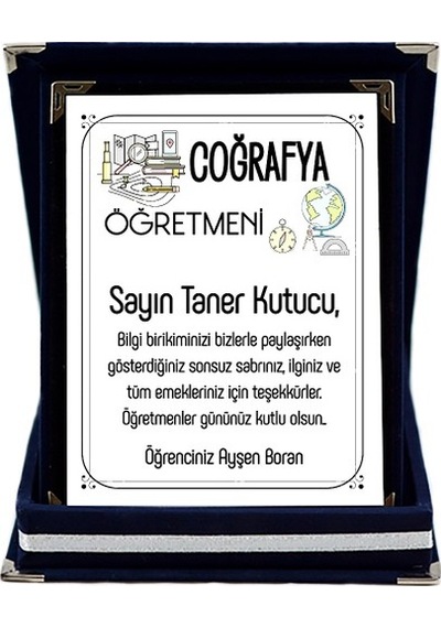 Coğrafya Öğretmenine Hediye Isim Baskılı Plaket