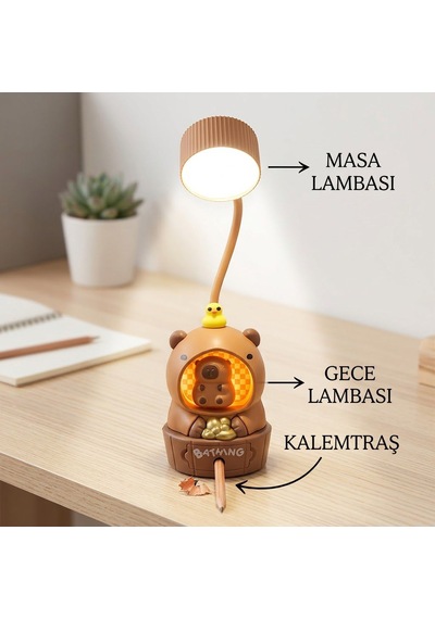Sevimli Capybara Figürlü 3'ü 1 Arada Led Masa & Gece Lambası + Kalemtıraş Açık Kahverengi