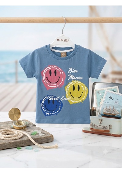 Aby Kids %100 Pamuklu Erkek Çocuk Smiley Baskılı Şortlu Takım - Mavi/gr açık mavi