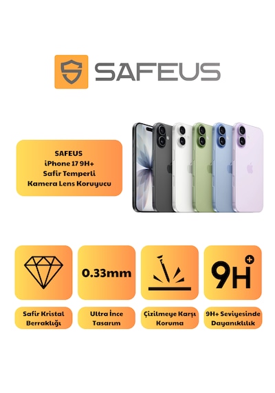 Safeus 9h+ Safir Temperli Kamera Lens Koruyucu, Apple Uyumlu iPhone 17 İle Lavanta
