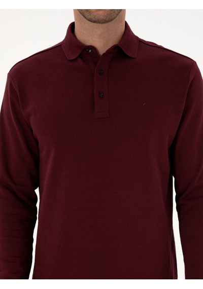 Bordo Regular Fit %100 Pamuk 3 İplik Polo Yaka Sweatshirt Kırmızı