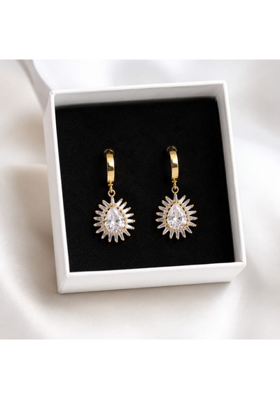 Cm Jewelry Zirkon Taşlı Damla Sallantılı Gold Çelik Küpe Altın