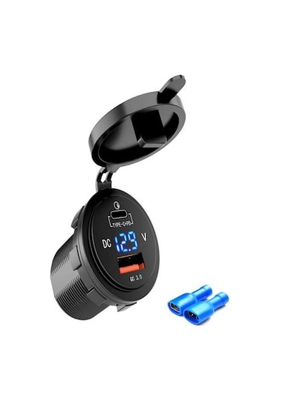 Usb Şarj Soket Type C-qc3.0 12-24v Yuvarlak Voltmetre'li Mavi