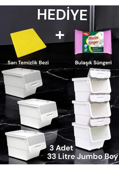 Technow Motek 33 Litre Beyaz Gri Tekerlekli 3 33 Lt 3'lü Set Organizer + Temizlik Seti Gri - Beyaz