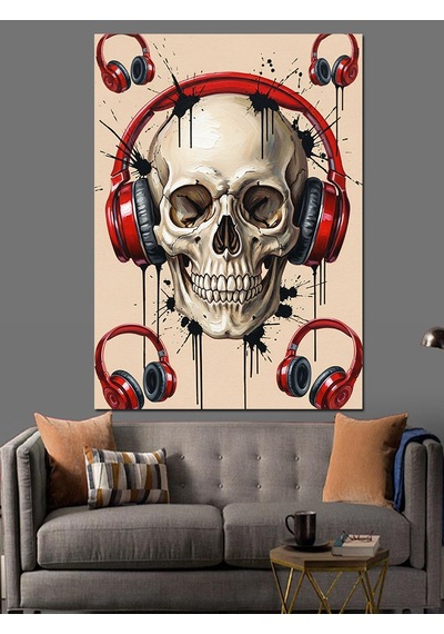 Ahşap Tablo Kulaklıklı Kafatası Müzik Aşkı