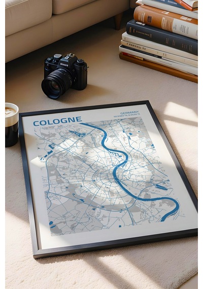 Köln Almanya Cologne - Germany Haritası Çerçeveli Tablo Lüks Salon Ofis Duvar Dekorasyonu Tablo
