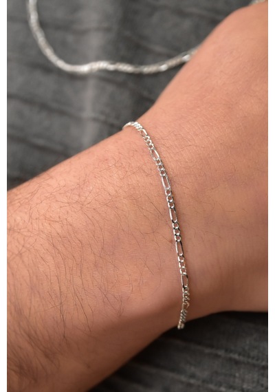 Papatya Silver 925 Ayar Rodyum Kaplama Erkek Figaro Gümüş Zincir Kolye Bileklik Set
