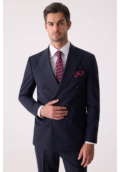 Erkek Lacivert Çizgili Slim Fit Kruvaze Takım Elbise
