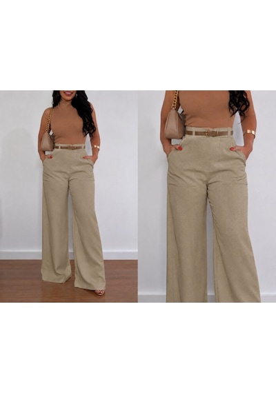 Alyn Wear Kadın Yüksek Bel Geniş Paça Detaylı Cepli Ithal Krep Pantolon Bej