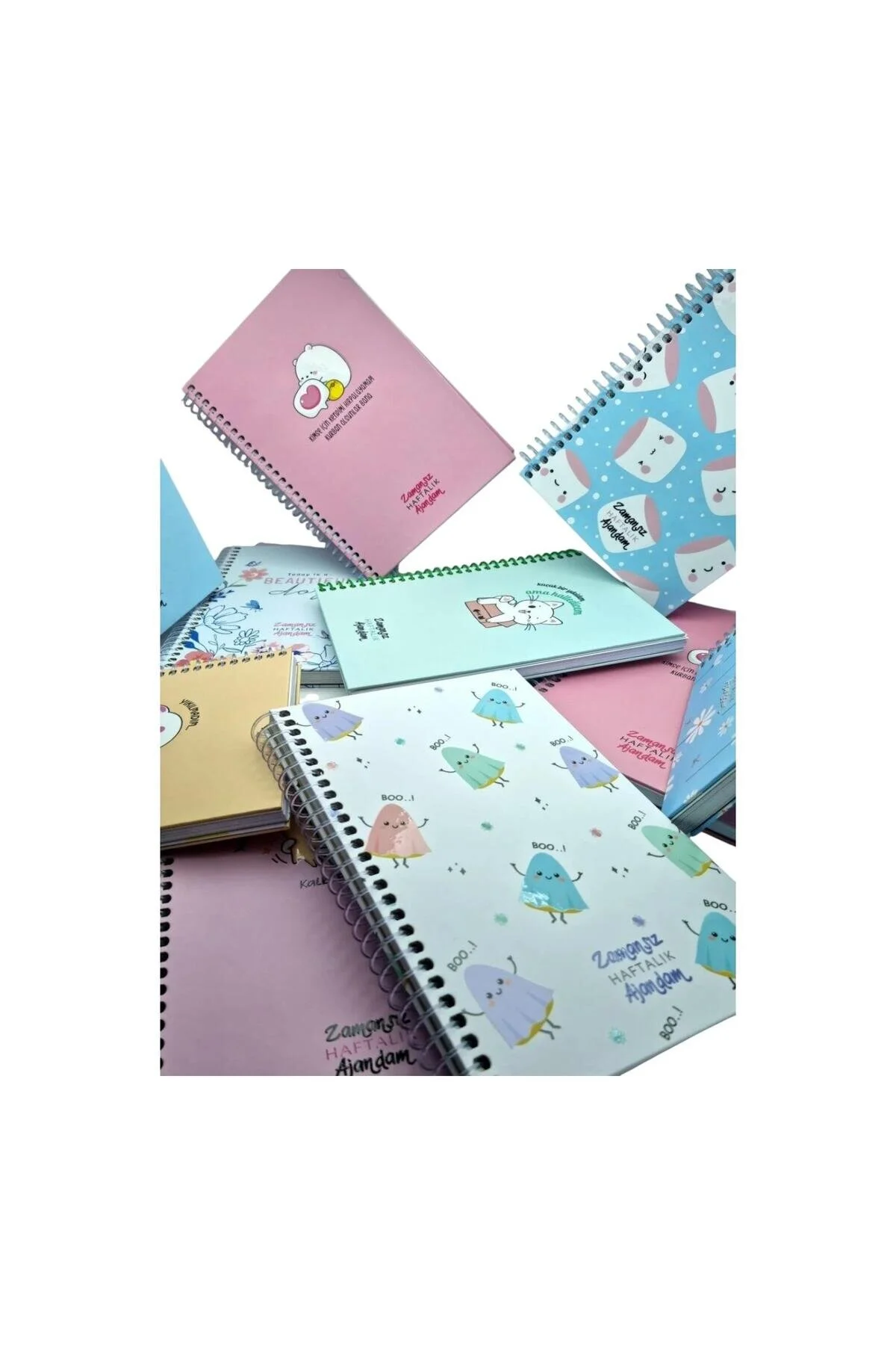 Zamansız Haftalık Ajanda Planlayıcı, Resimli, Spiralli, Sticker'lı Planlayıcı Ajanda Çok Renkli