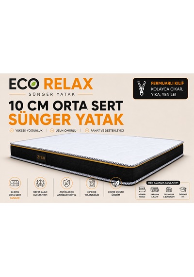 Eco Relax 10 Cm Sünger Yatak Yer Yatağı, Misafir Yatağı Ve Ranza Uyumlu Fermuarlı Yıkanabilir Kılıf 24 Dns Orta Sert Sünger Tek Kişilik