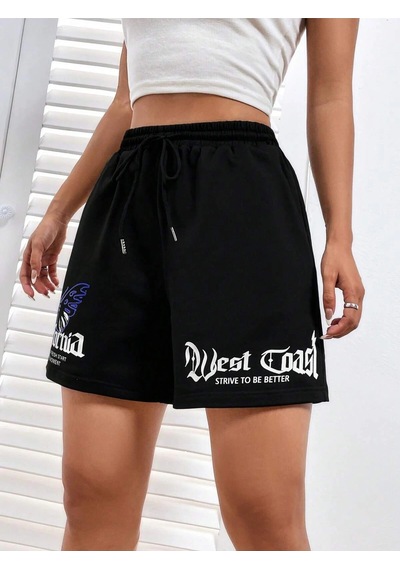 Coolane Butterfly & Letter Graphic Drawstring Waist Şort Siyah
