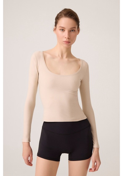 Los Ojos X Ece Bej Melanj Uzun Kollu U Yaka Spor Bluz Scoop Neck Top Bej Melanj Bej Melanj