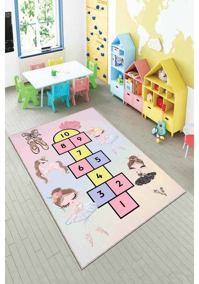 Çok Renkli Kaymaz Tabanlı Seksekli Çocuk Halısı Ar766n11