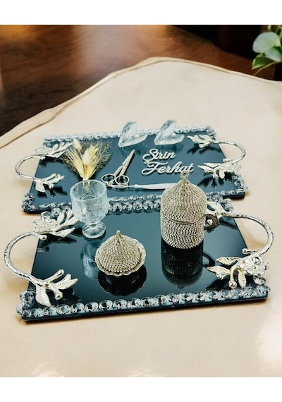 Serenity Gümüş Söz Tepsisi Ve Damat Kahve Fincan Tepsisi Gri Gri
