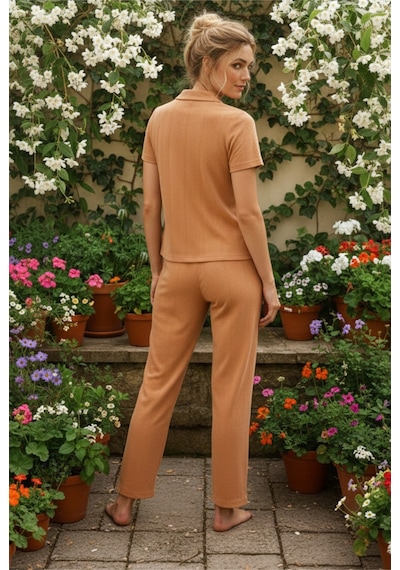 Siyah İnci Pointel Ajurlu/delikli Kısa Kollu Düğmeli Örme Pijama Takım26120536 Sütlükahve
