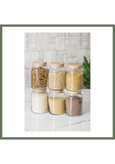 Bezos 6 Lı Set Bambu Kapaklı Cam Kavanoz & Erzak Saklama Kabı 800 Ml Orta Boy Vakum Kapak Bezos1
