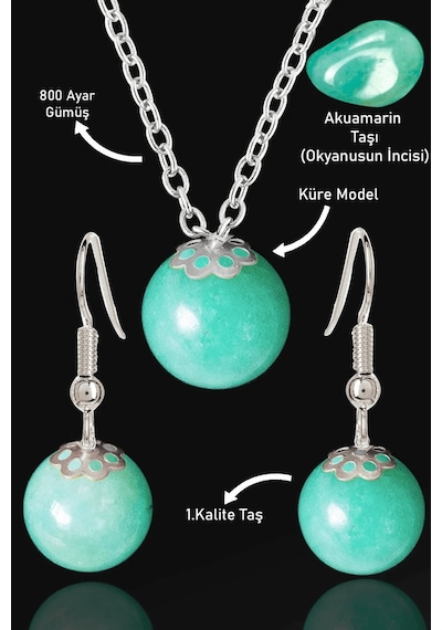 Sertifikalı Küre Model Akuamarin Taşı Kolye Ve Küpe Seti - Gümüş Çok Renkli