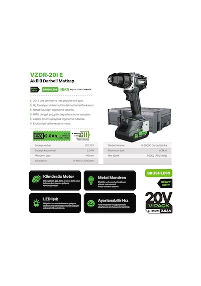 Voltz Vzdr-20ı Kömürsüz Şarjlı Darbeli Matkap 20 Volt 2 X 2 Ah