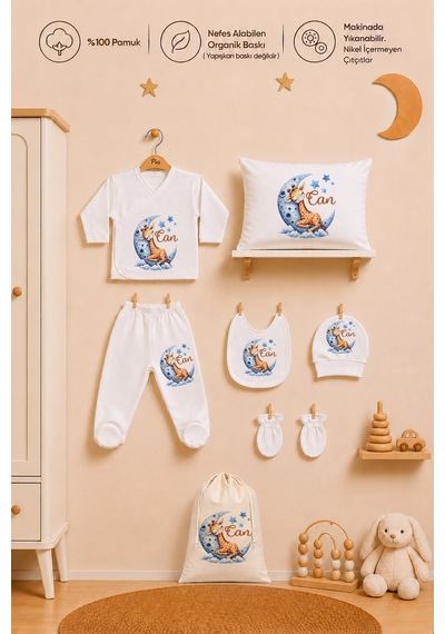 Pia Baby Kişiye Özel %100 Pamuk Erkek Bebek Yastık Battaniye Zıbın Set Ve Kıyafet Kesesi 1038zybkyx Ekru