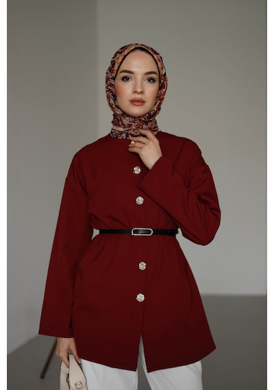 Moonsc Kadın Önü Düğme Detaylı Ve Kemerli Tesettür Ceket Bordo