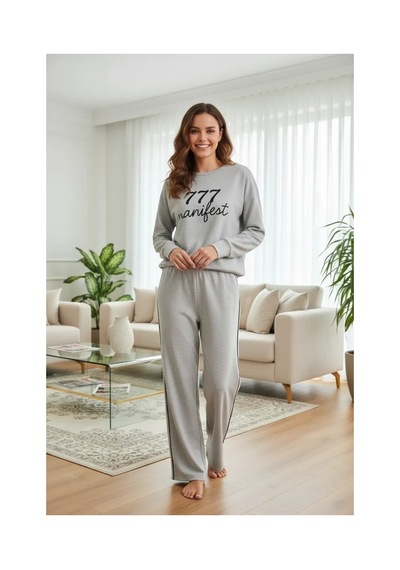 İkikareshop Kadın Gri Manifest Oversize 2 İplik Eşofman Ev Giyim Takımı Çok Renkli