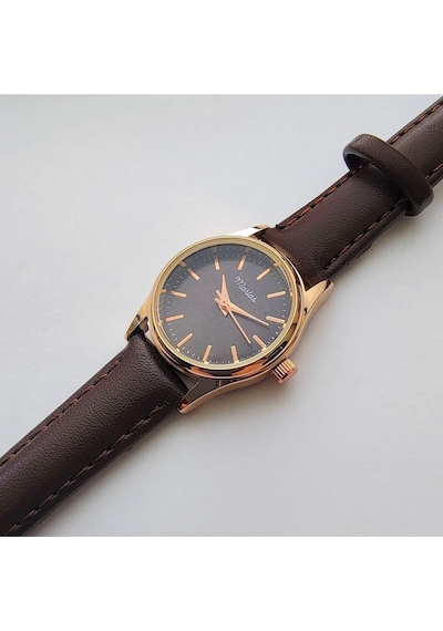 Retro Kadın Kol Saati, Vintage Minimal, Rose Gold Renk, Çizgili Kadran, Koyukahverengi Kordon Rose Gold Kahverengi Kordon Altın