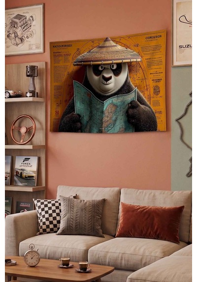 Kung Fu Panda Po Harita Ve Gezgin Temalı Dekoratif Duvar Örtüsü Duvar Halısı Beyaz