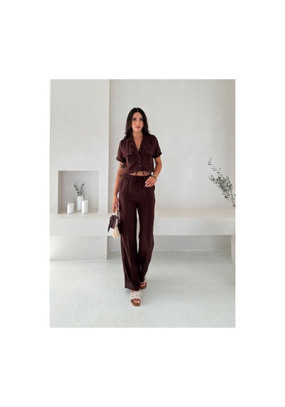 Wellway İthal Keten Kumaş İplik Detaylı Crop Gömlek & Pantolon İkili Takım -acı Kahve Kahverengi Wellway İthal Keten Kumaş İplik Detaylı Crop Gömlek & Pantolon İkili Takım -acı Kahve Kahverengi