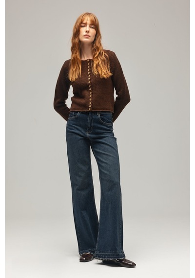 Sââde Kadın Yüksek Bel Wide Leg Jean Pantolon - Paça Detaylı Lacivert