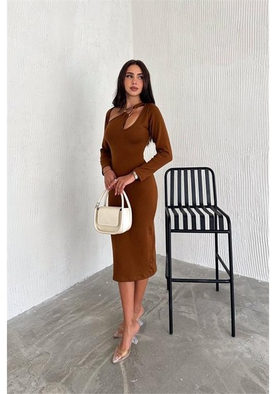 Dip Moda Kadın Likralı Midi Boy Triko Elbise Dpnbk2219 Taba